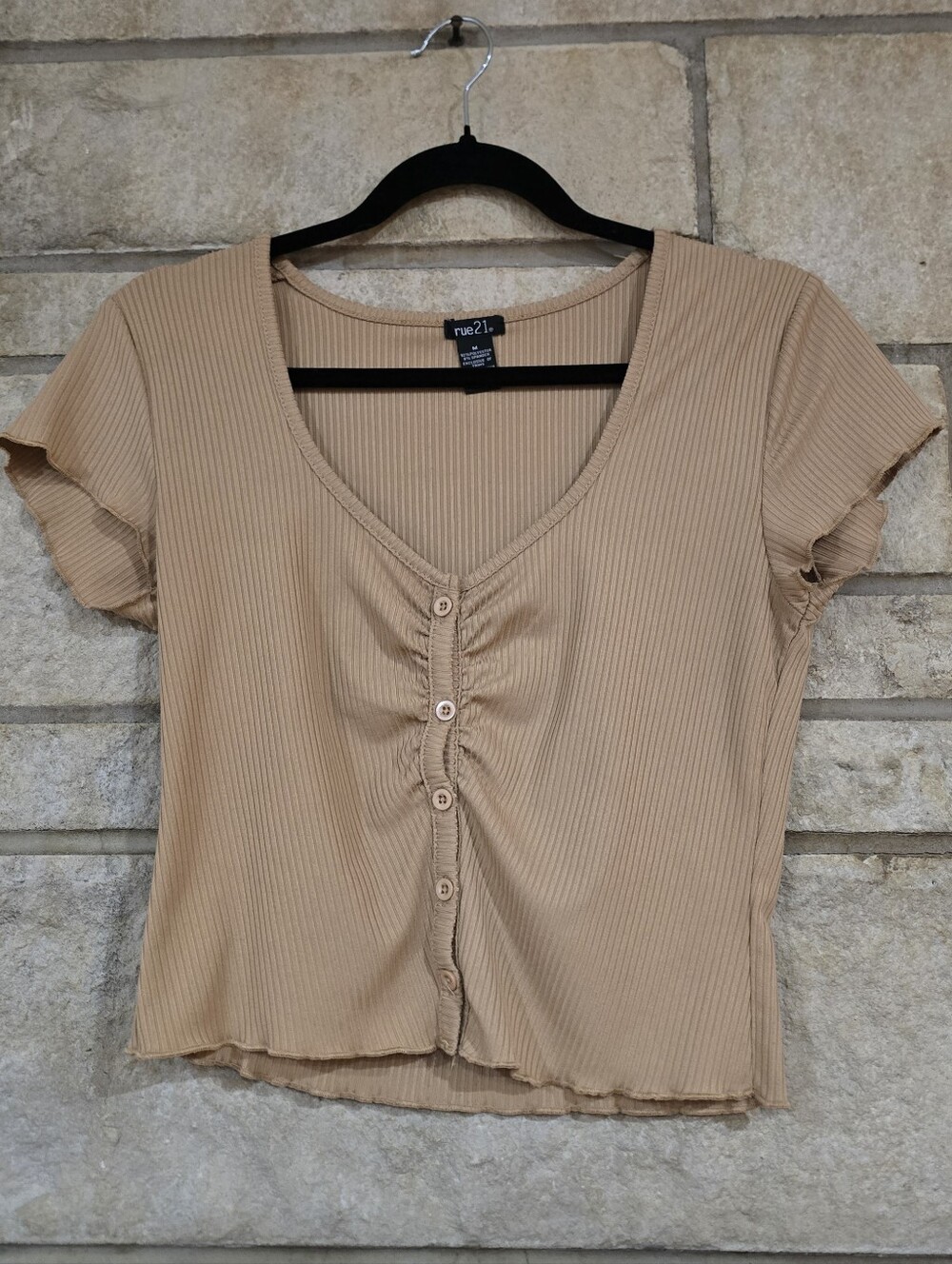 Rue21 Ribbed Button Front Top Tan Beige Medium